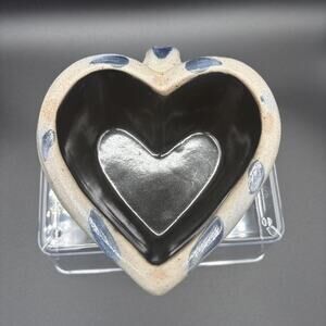 1997 Rowe Pottery Works Salt Glaze, Heart Shaped Blue Bowl, Dish Signed w/Handle